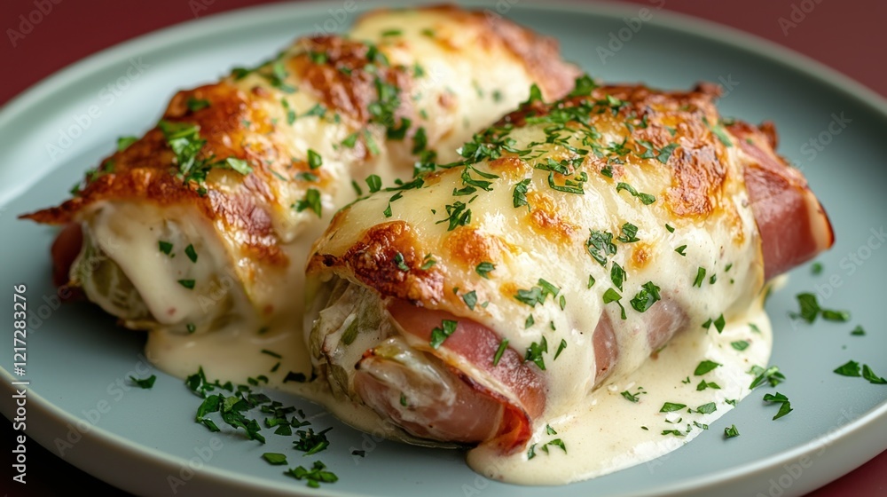 Enjoying chicons au gratin, a comforting Belgian dish with ham, endives, and rich béchamel sauce on a blue plate Enjoying chicons au gratin, a comforting Belgian dish with ham, endives, and rich béchamel sauce on a blue plate