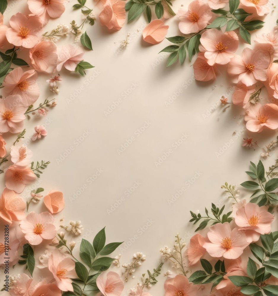 Soft peach petals scattered on a light beige background with gentle greenery, nature, floral background Soft peach petals scattered on a light beige background with gentle greenery, nature, floral background