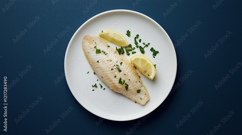 Delicate sole meuniere served on a smooth white plate with lemon and parsley against a dark blue background Delicate sole meuniere served on a smooth white plate with lemon and parsley against a dark blue background