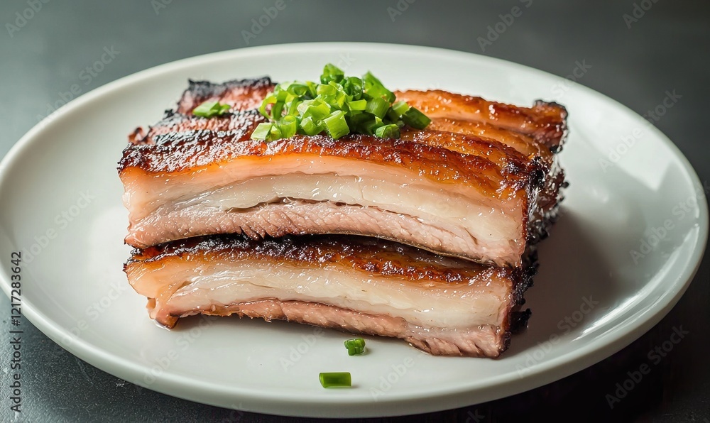 Delicious samgyeopsal grilled pork belly served on a sleek white plate against a charcoal grey backdrop Delicious samgyeopsal grilled pork belly served on a sleek white plate against a charcoal grey backdrop