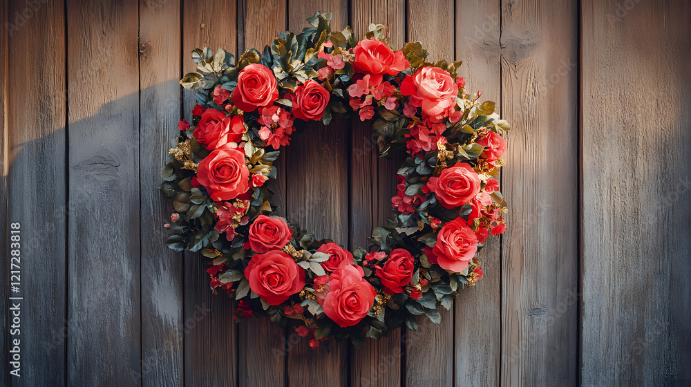 A vibrant rose wreath hanging on an old wooden door, with intricate details and natural textures, during a sunny midday A vibrant rose wreath hanging on an old wooden door, with intricate details and natural textures, during a sunny midday