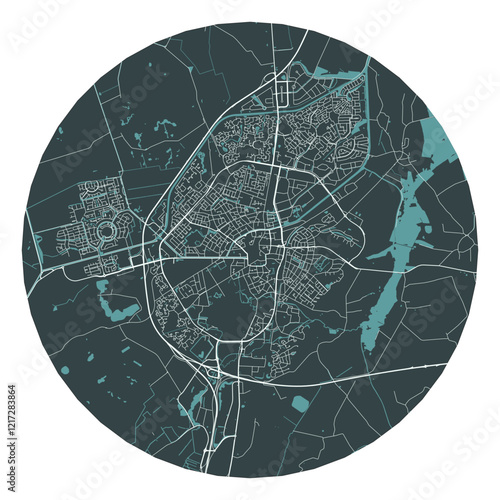 Assen vector minimalist street plan map of a Dutch city on a dark gray round background. Netherlands