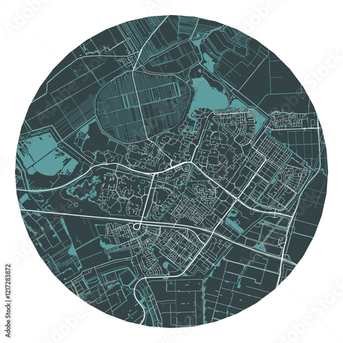 Zoetermeer vector minimalist street plan map of a Dutch city on a dark gray round background. Netherlands
