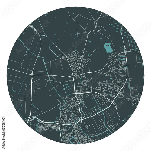 Emmen vector minimalist street plan map of a Dutch city on a dark gray round background. Netherlands