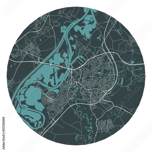 Roermond vector minimalist street plan map of a Dutch city on a dark gray round background. Netherlands