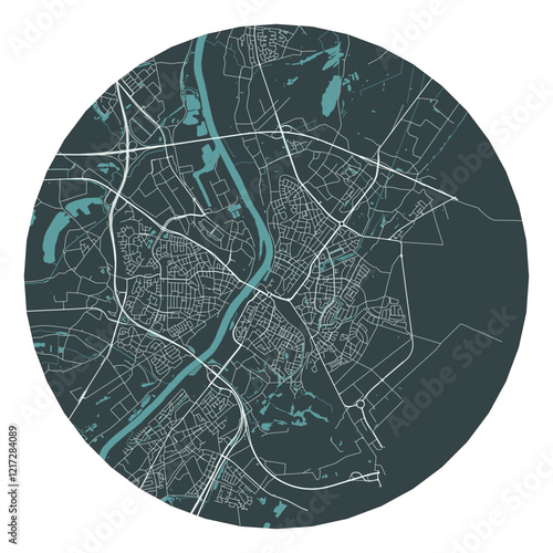 Venlo vector minimalist street plan map of a Dutch city on a dark gray round background. Netherlands