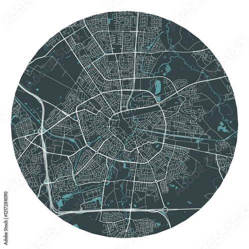 Eindhoven vector minimalist street plan map of a Dutch city on a dark gray round background. Netherlands