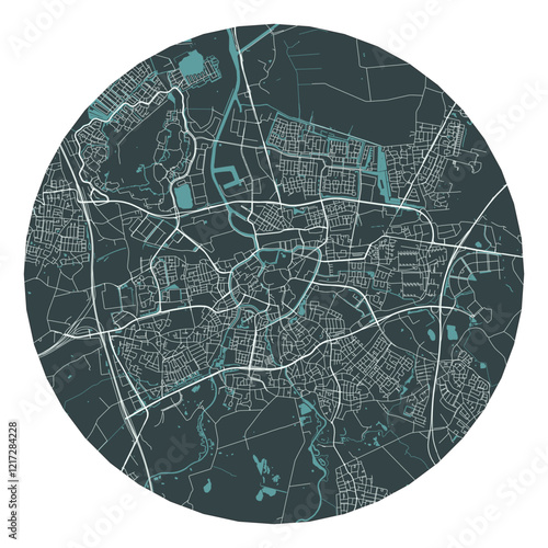 Breda vector minimalist street plan map of a Dutch city on a dark gray round background. Netherlands