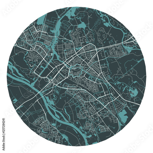 Zwolle vector minimalist street plan map of a Dutch city on a dark gray round background. Netherlands