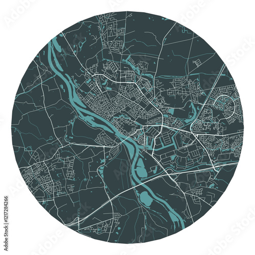 Deventer vector minimalist street plan map of a Dutch city on a dark gray round background. Netherlands