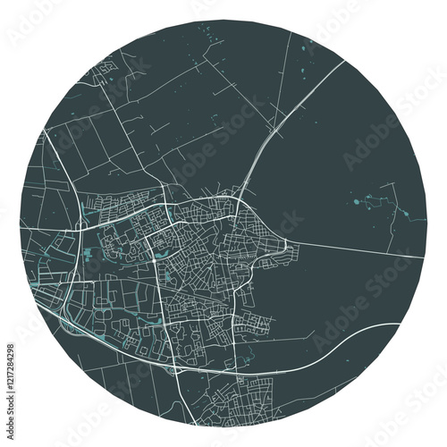 Ede vector minimalist street plan map of a Dutch city on a dark gray round background. Netherlands