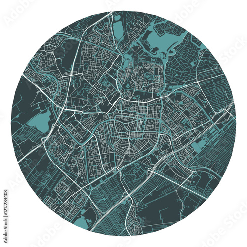 Leiden vector minimalist street plan map of a Dutch city on a dark gray round background. Netherlands