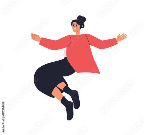 Happy woman jumping up. Excited office worker in joyful flying pose, smiling and rejoicing. Female employee in air, joy and positive energy. Flat vector illustration isolated on white background