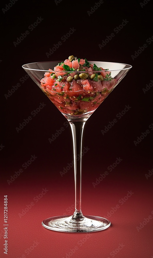 Mini beef tartare served in a martini glass with egg yolk, capers, and herbs for a sophisticated appetizer presentation Mini beef tartare served in a martini glass with egg yolk, capers, and herbs for a sophisticated appetizer presentation