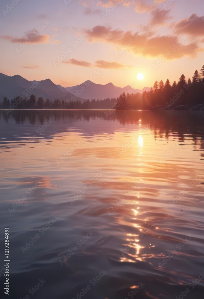 Obraz premium Soft focus watercolor waves on a serene lake at sunset, texture, sunset, calm