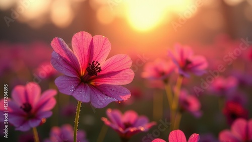 Close-up of a pink flower in a sunlit field	