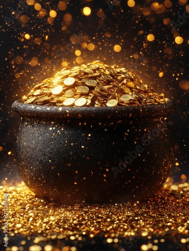 Pot of Glittering Gold Coins Sparkling in Light