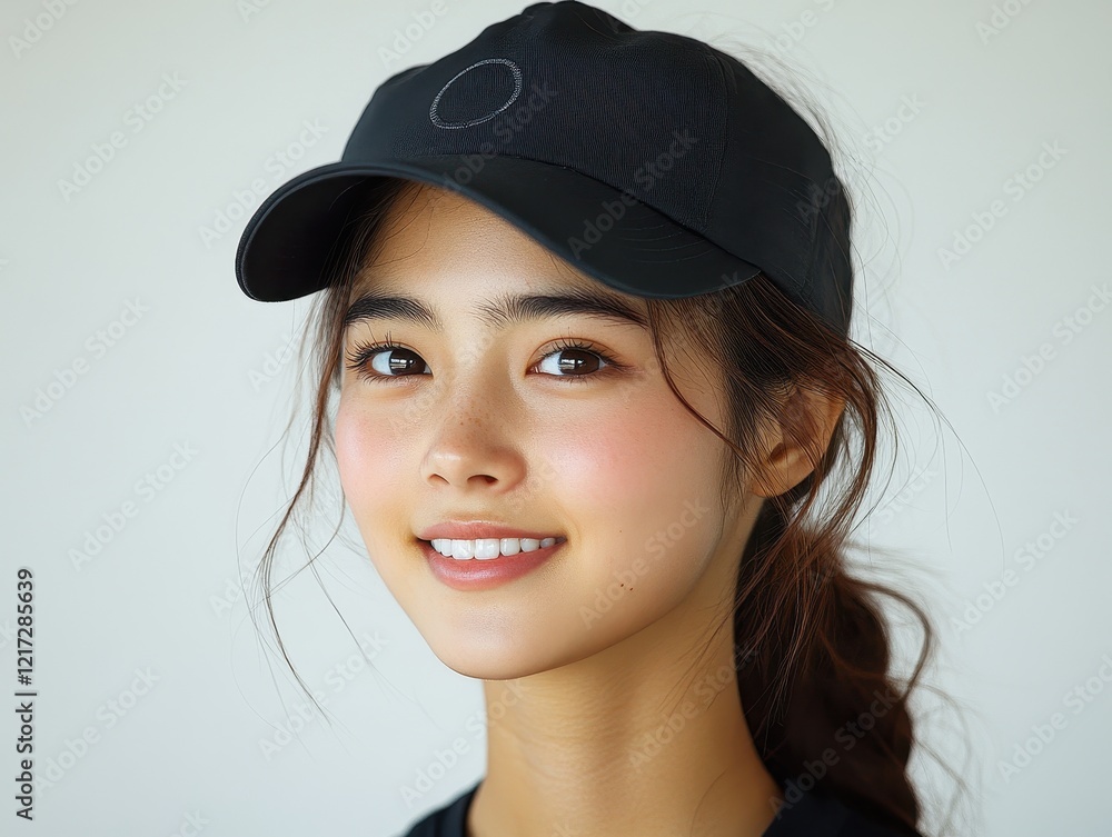 A smiling young woman wearing a black cap, showcasing a cheerful expression. A smiling young woman wearing a black cap, showcasing a cheerful expression.