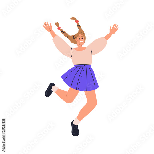 Excited girl jumping up. Happy smiling kid flying in air, joy and energy in carefree energetic pose. Active child exulting, fun emotion. Flat vector illustration isolated on white background