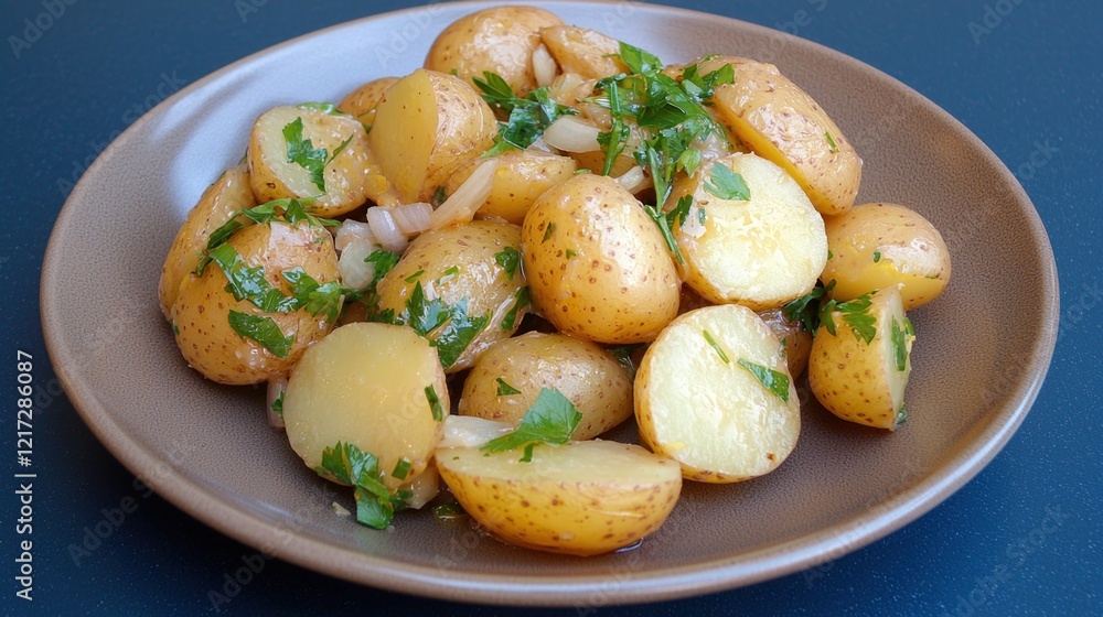 Enjoying a vibrant German potato salad made with fresh ingredients on a beige plate against a navy blue background Enjoying a vibrant German potato salad made with fresh ingredients on a beige plate against a navy blue background