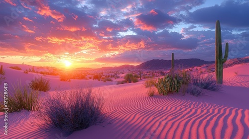 A hot, pink desert landscape adorned with surreal sand dunes and striking cacti