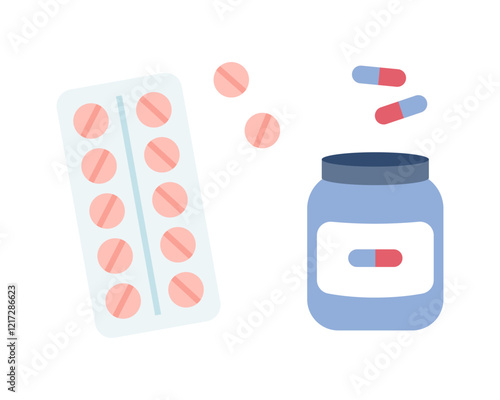 Medicines. Tablets and capsules in a jar and package. Illustration in cartoon flat style.