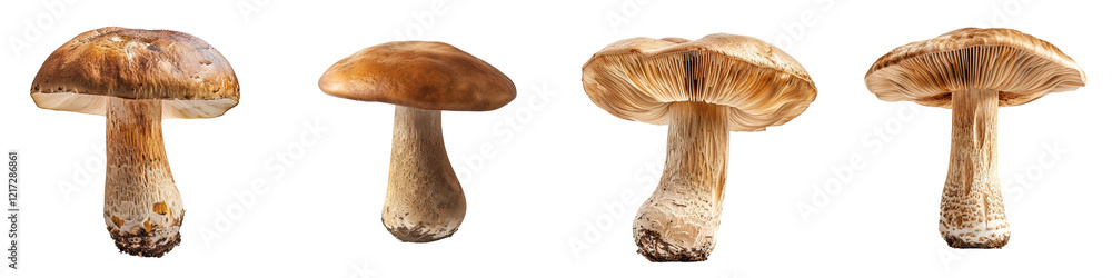 A group of edible mushrooms displayed in various positions, showcasing their brown caps and sturdy stems. A group of edible mushrooms displayed in various positions, showcasing their brown caps and sturdy stems.