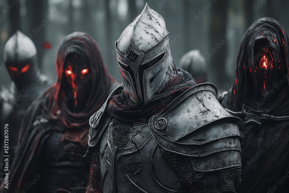 A haunting depiction of a cursed knight shattering their sword in fury, with dark, fiery light emanating from their broken armor A haunting depiction of a cursed knight shattering their sword in fury, with dark, fiery light emanating from their broken armor