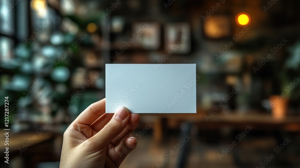 Person Holding Blank Business Card in Blurred Background Setting Person Holding Blank Business Card in Blurred Background Setting