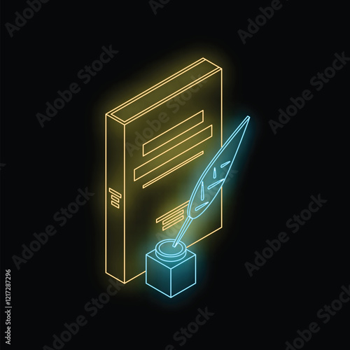 Neon sign of a book and feather pen with inkwell forming an isometric shape