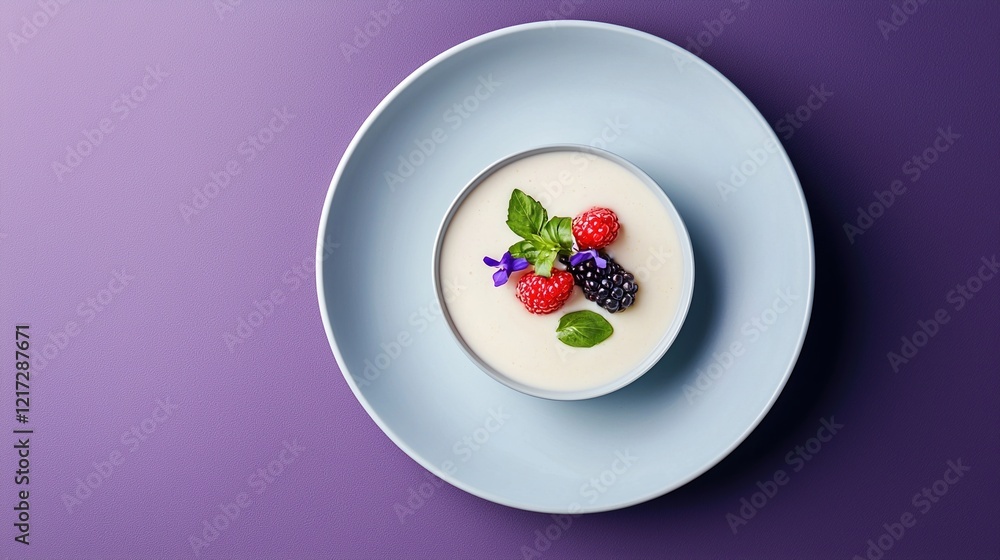 Delightful koldskal served in a smooth light blue bowl on a rich purple backdrop during a warm summer day Delightful koldskal served in a smooth light blue bowl on a rich purple backdrop during a warm summer day