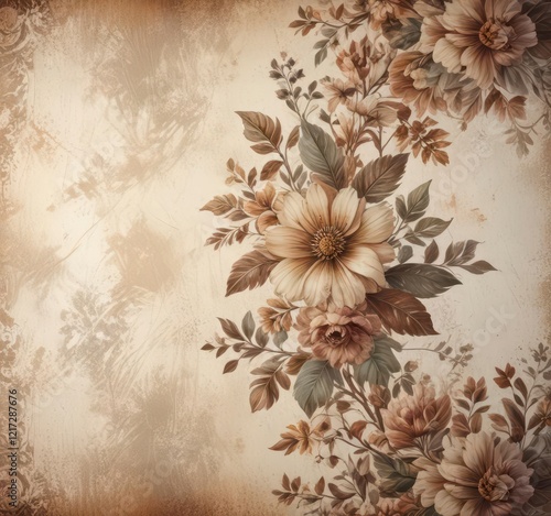 Vintage-inspired banner with a distressed floral pattern in muted earth tones,  vintage banners,  earthy tones photo