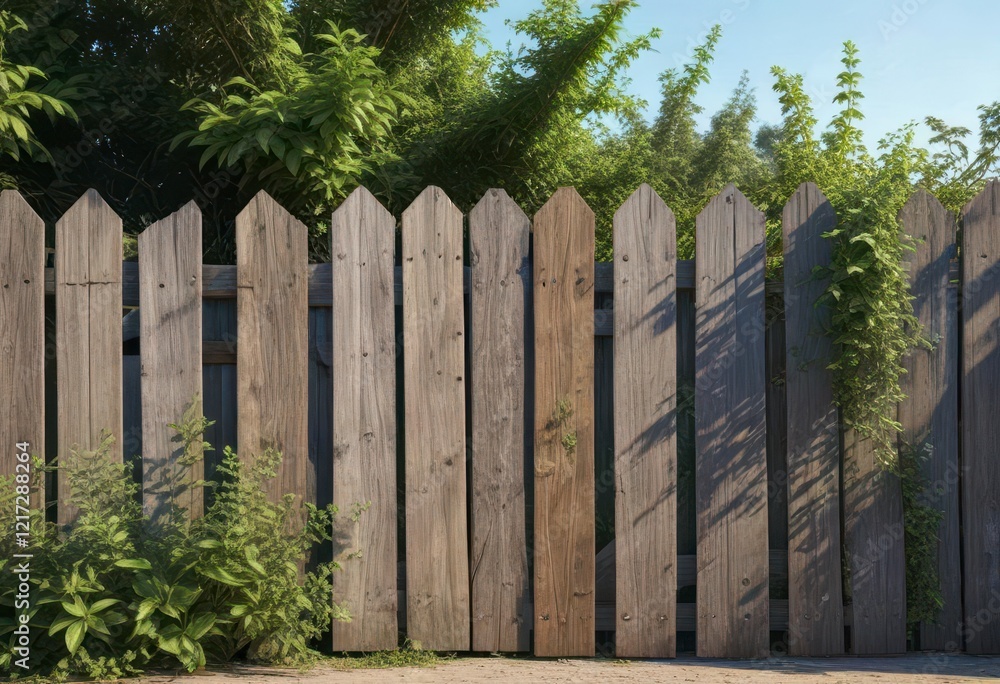 Weathered wooden fence with overgrown vegetation , decay, wooden fencing Weathered wooden fence with overgrown vegetation , decay, wooden fencing