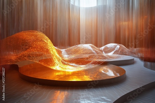 Vibrant abstract waves illuminated by glowing points and colors at night