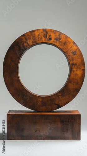 Unique wooden circular sculpture on display with natural patterns and a sturd...