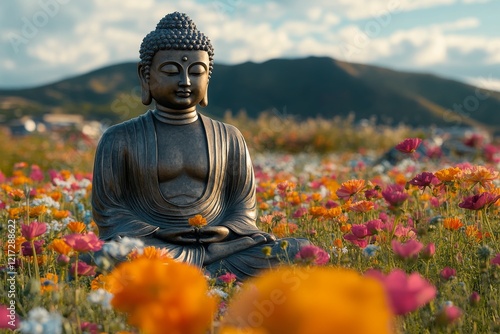 Serene Buddha statue surrounded by vibrant flowers in a tranquil landscape