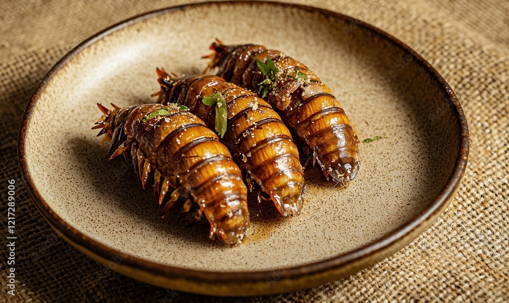 Witchetty grub served on a beige plate highlighting the native Australian delicacy's unique texture and flavor Witchetty grub served on a beige plate highlighting the native Australian delicacy's unique texture and flavor