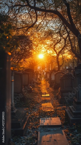 Mysterious sunset casts golden light over a tranquil cemetery path surrounded...