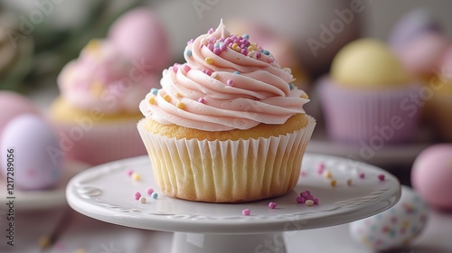Festive cupcake with colorful frosting and sprinkles surrounded by pastel egg...