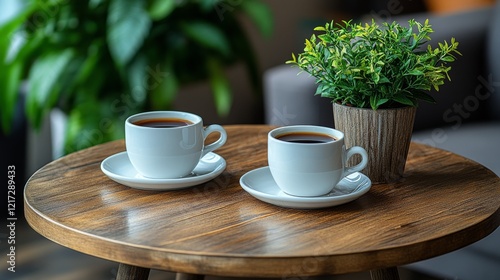 Morning coffee on a wooden table with a plant and notepad in a cozy setting b...