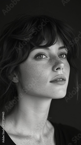 Portrait of a woman with freckles and wavy hair showcasing natural beauty and...