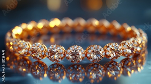Elegant gold and blue patterned bracelet displayed on a reflective surface du...