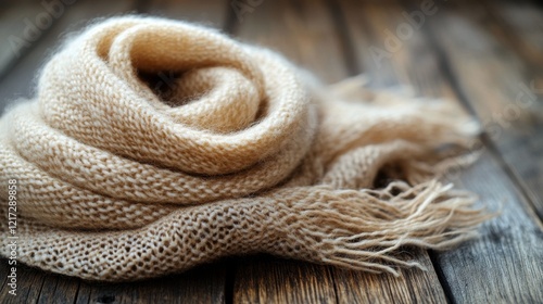 Cozy beige knitted scarf placed on a rustic wooden surface with natural light