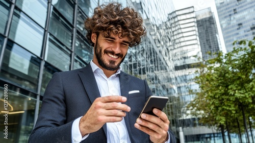 Happy businessman using smartphone in urban office district professional environment positive vibe outdoor view