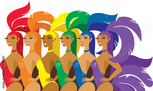 Beautiful cabaret dancers in a colorful carnival feather costumes.