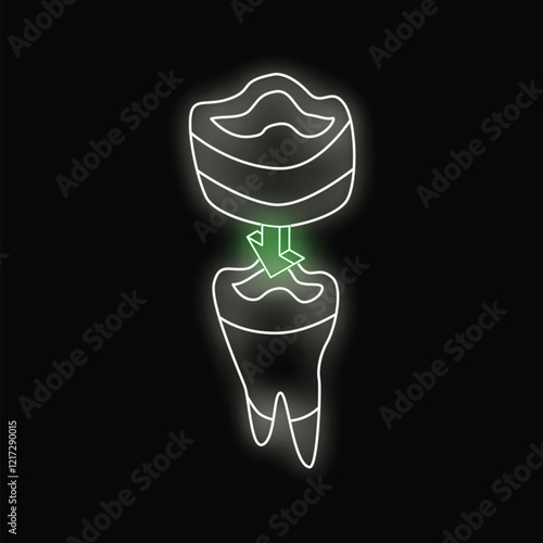 Neon style icon of a dental crown being placed on a tooth, representing dental care and restoration procedures