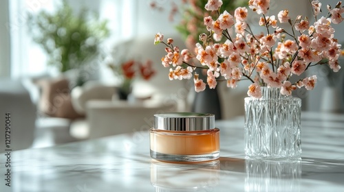 Elegant glass jar of skincare product on a marble countertop with floral arra...
