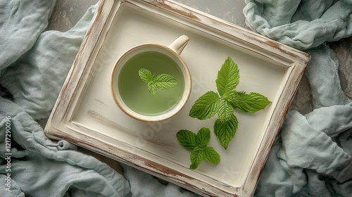 Warm cup of herbal tea with mint leaves on a cozy bed in soft morning light