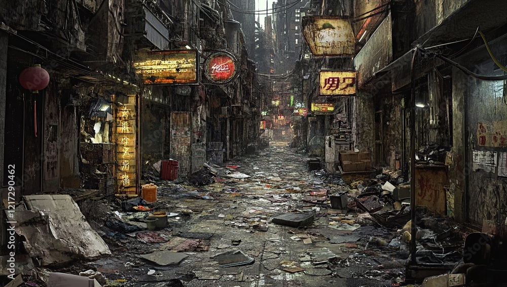 Obraz premium A cyberpunk alleyway in an old Asian city, at night, with neon signs and trash on the ground