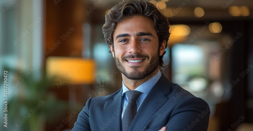 A happy Indian employee in the office with crossed arms and a smiling portrait, showcasing the start of a company internship and his aspirations for corporate career development A happy Indian employee in the office with crossed arms and a smiling portrait, showcasing the start of a company internship and his aspirations for corporate career development